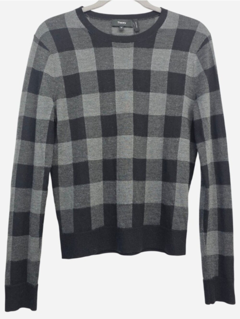 Theory Silk And Cashmere Plaid Crewneck Sweater, Charcoal and Black, Size M